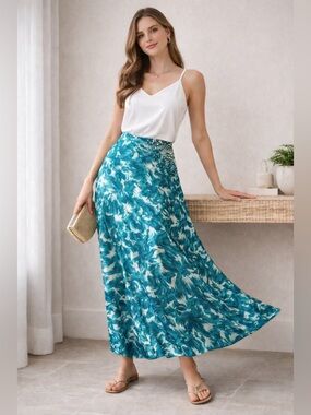 Anthropologie Silk Maxi Skirt Teal Floral Beaded Side Slit Lined Size 2